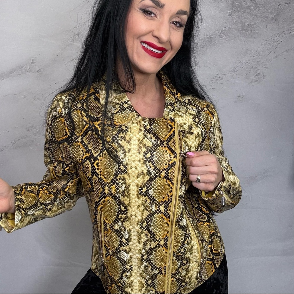 Yellow and Brown Animal Print Blazer with Glossy Finish - Picture 2 of 6